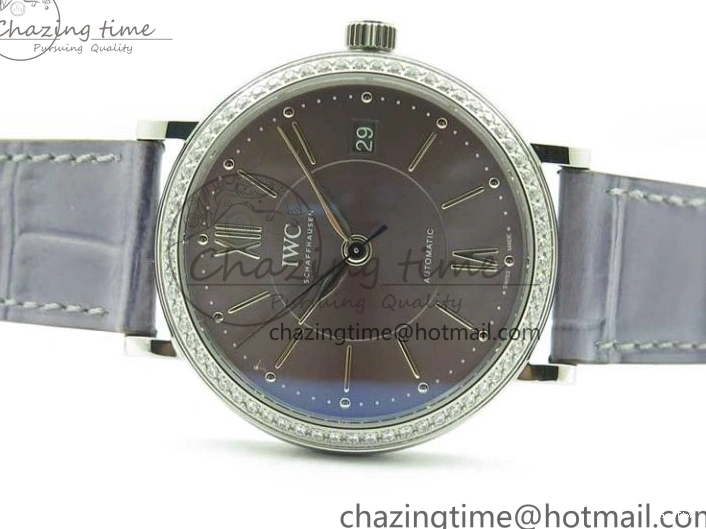 MIROTIME 0510 Attractive Portofino 37mm SS V7F 1:1 Best Edition Gray Dial Diamonds Bezel on Gray Leather Strap A 7091